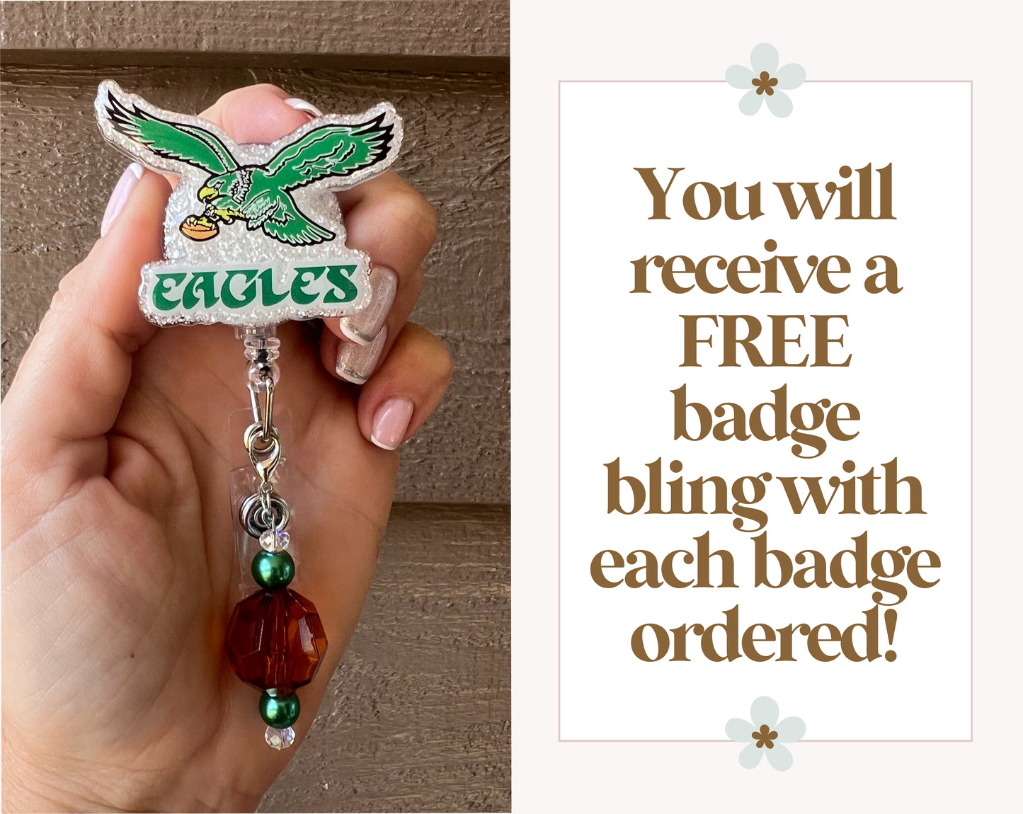 Eagles Badge Reel - Glitter or Pearl Football ID Holder with Free Badge Bling!