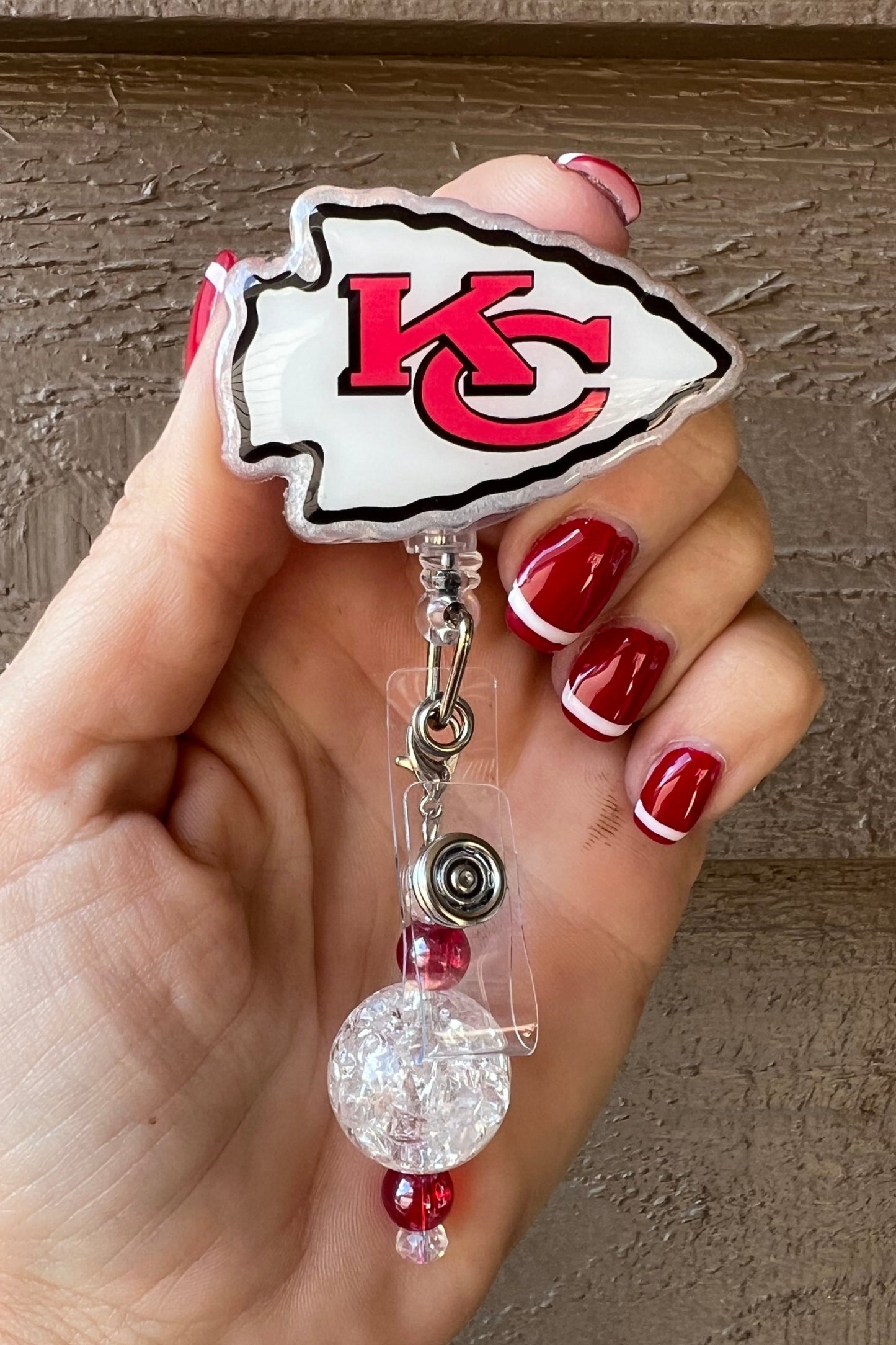 Kansas City Chiefs Badge Reel - Glitter or Pearl Arrowhead ID Holder with Free Badge Bling!