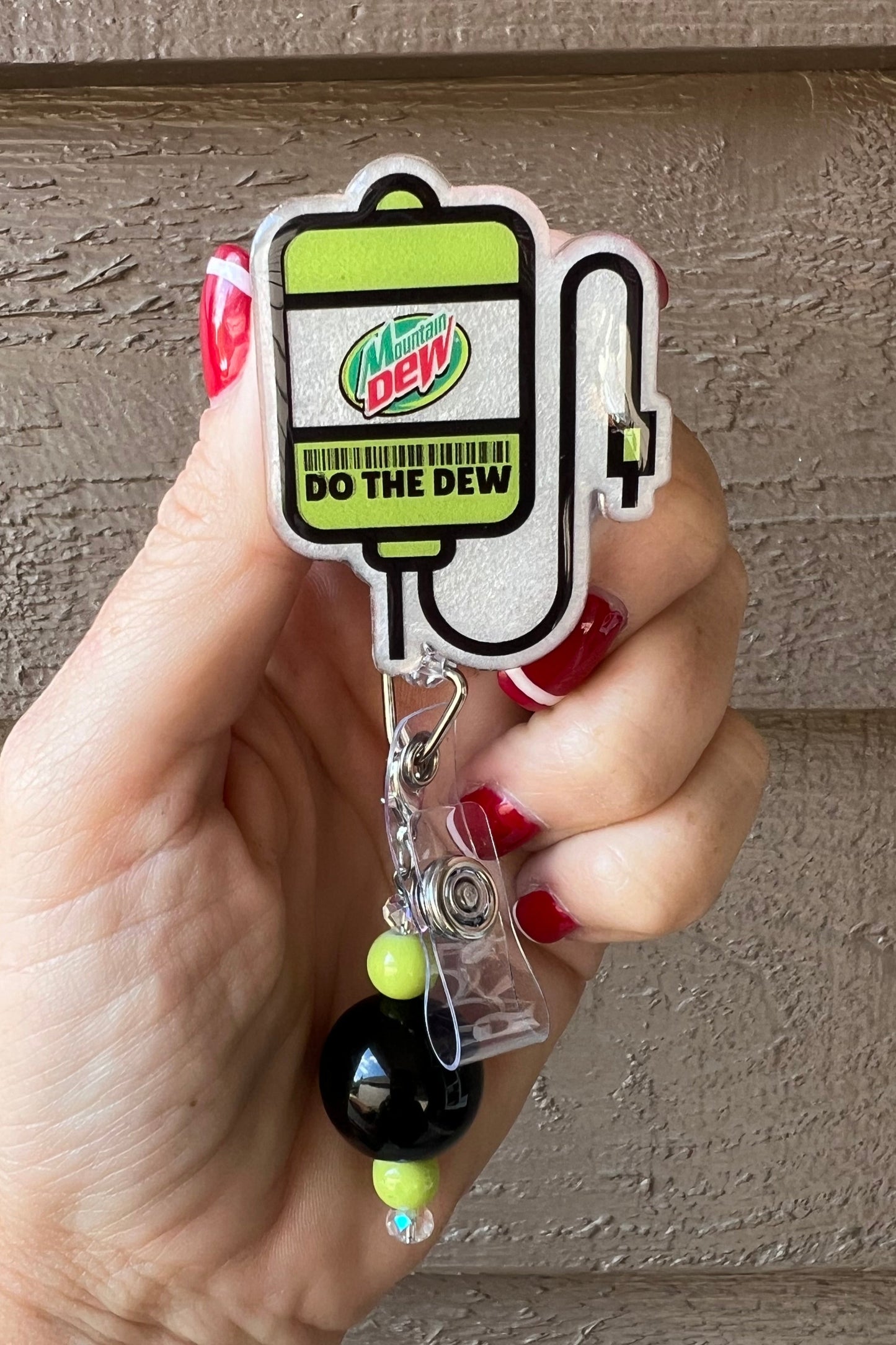 Mountain Dew IV Bag Badge Reel - Glittery Green & Black ID Holder with Free Badge Bling!