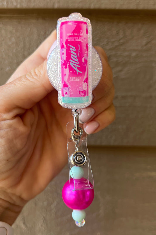Alani Pink Slush badge reel with mint and hot pink beaded dangle.