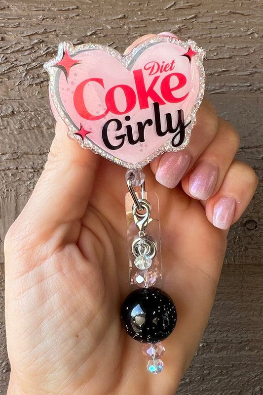 Heart Shaped Diet Coke Girly badge reel with black and pink beaded dangle and glittery edge.