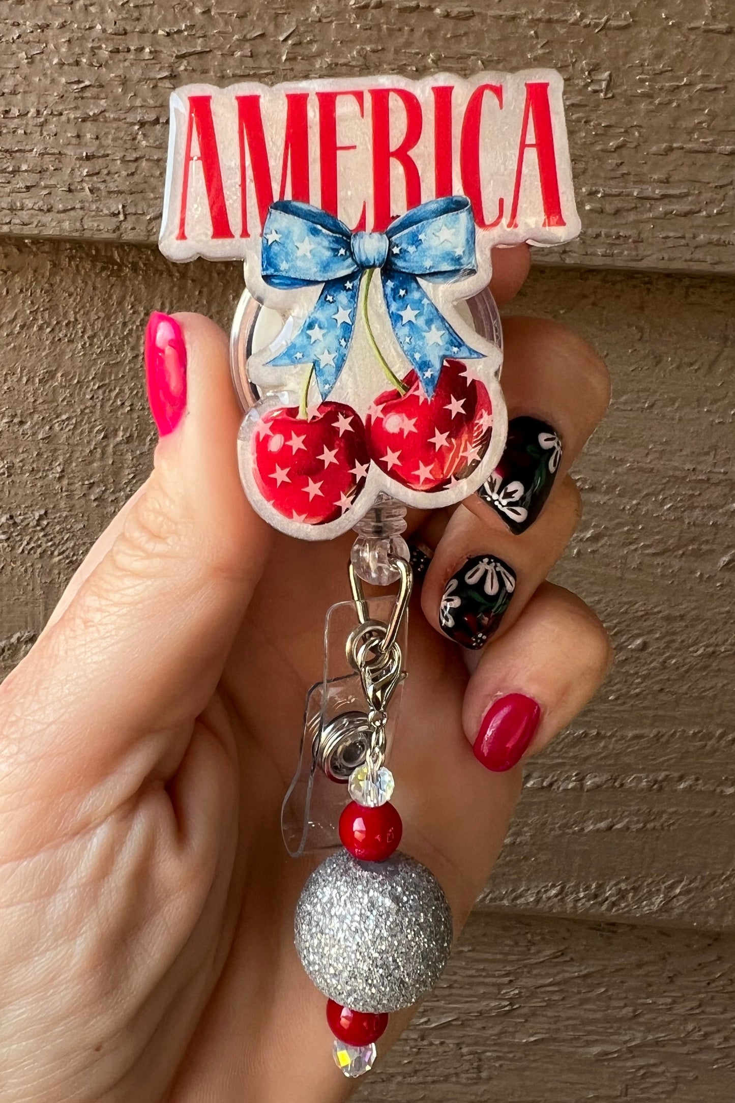 America Patriotic Cherry Badge Reel- Red, White & Blue Glitter ID Holder with Free Badge Bling!
